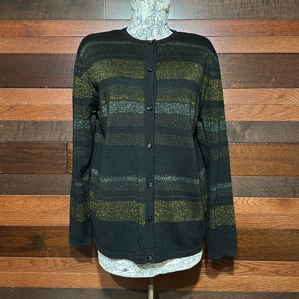 Vintage Milano Crew Neck Long Sleeve Black and Metallic Striped Cardigan Sweater